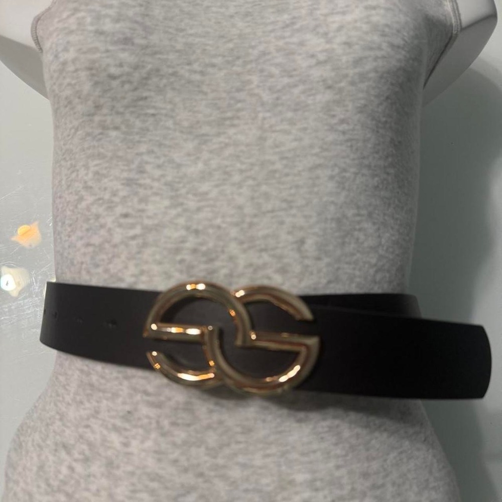Black faux leather belt with gold buckle